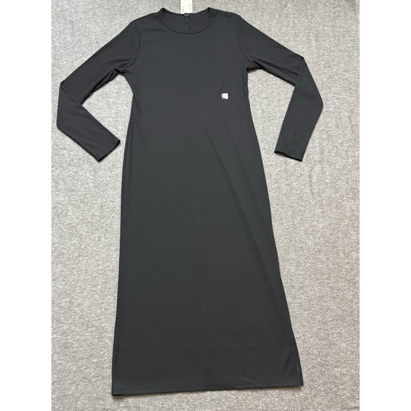 Uniqlo Black Ribbed Dress Long Sleeve Side Slit-Polyester/Rayon/Spandex - Size M - Picture 1 of 8